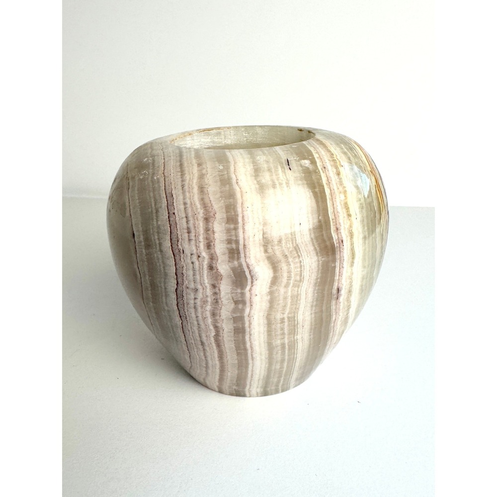 Onyx Marble Stone Vase Banded Calcite Eye Pattern Heavy Decor Vessel Neutral